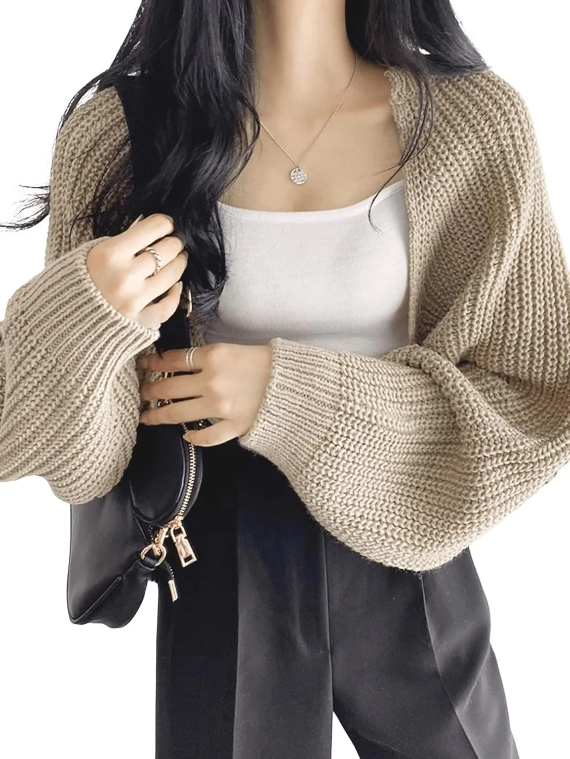 SweatyRocks Women's Casual Long Sleeve Ribbed Knit Top Open Front Cropped Cardigan Sweater