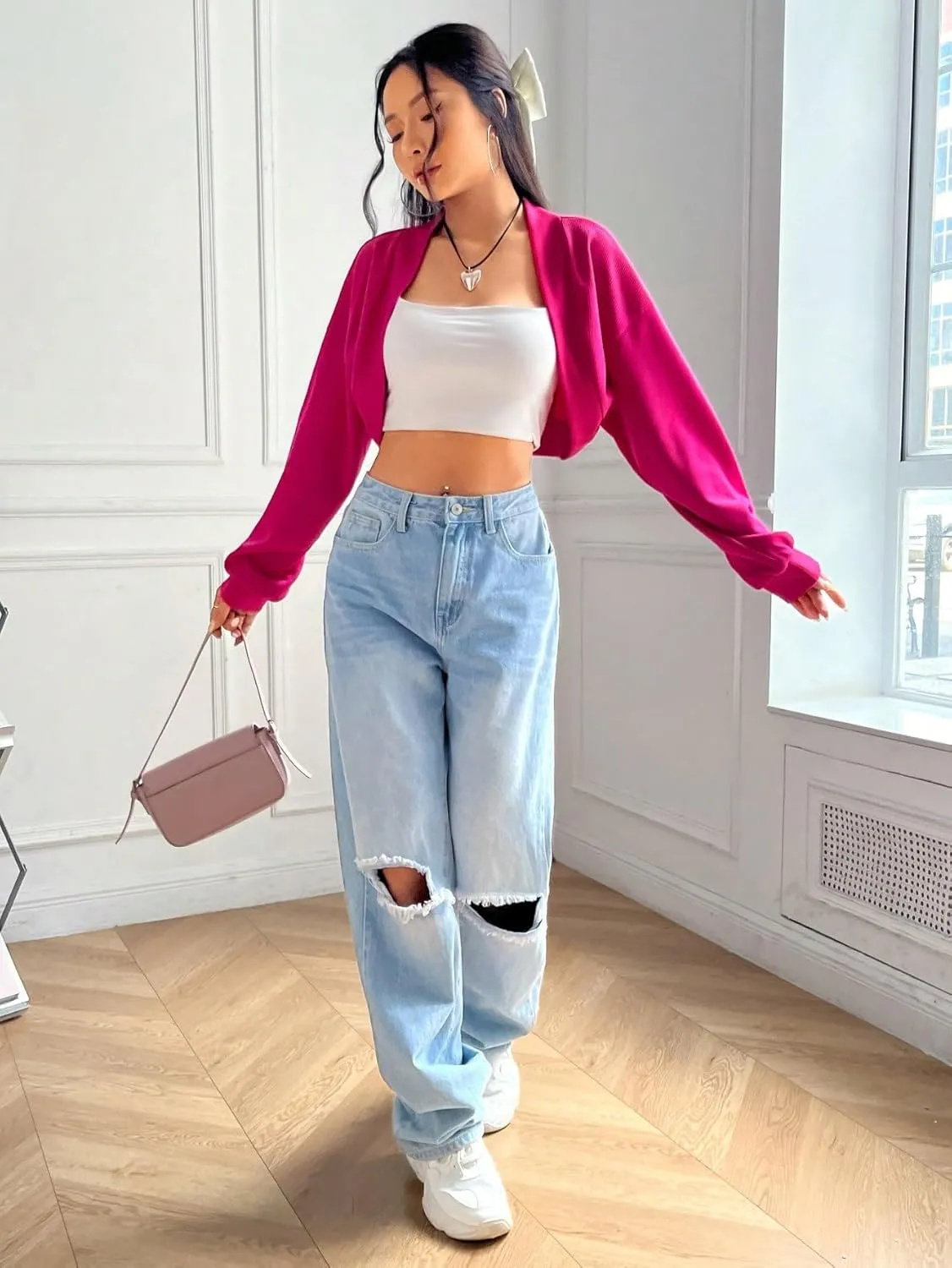SweatyRocks Women's Casual Long Sleeve Ribbed Knit Top Open Front Cropped Cardigan Sweater