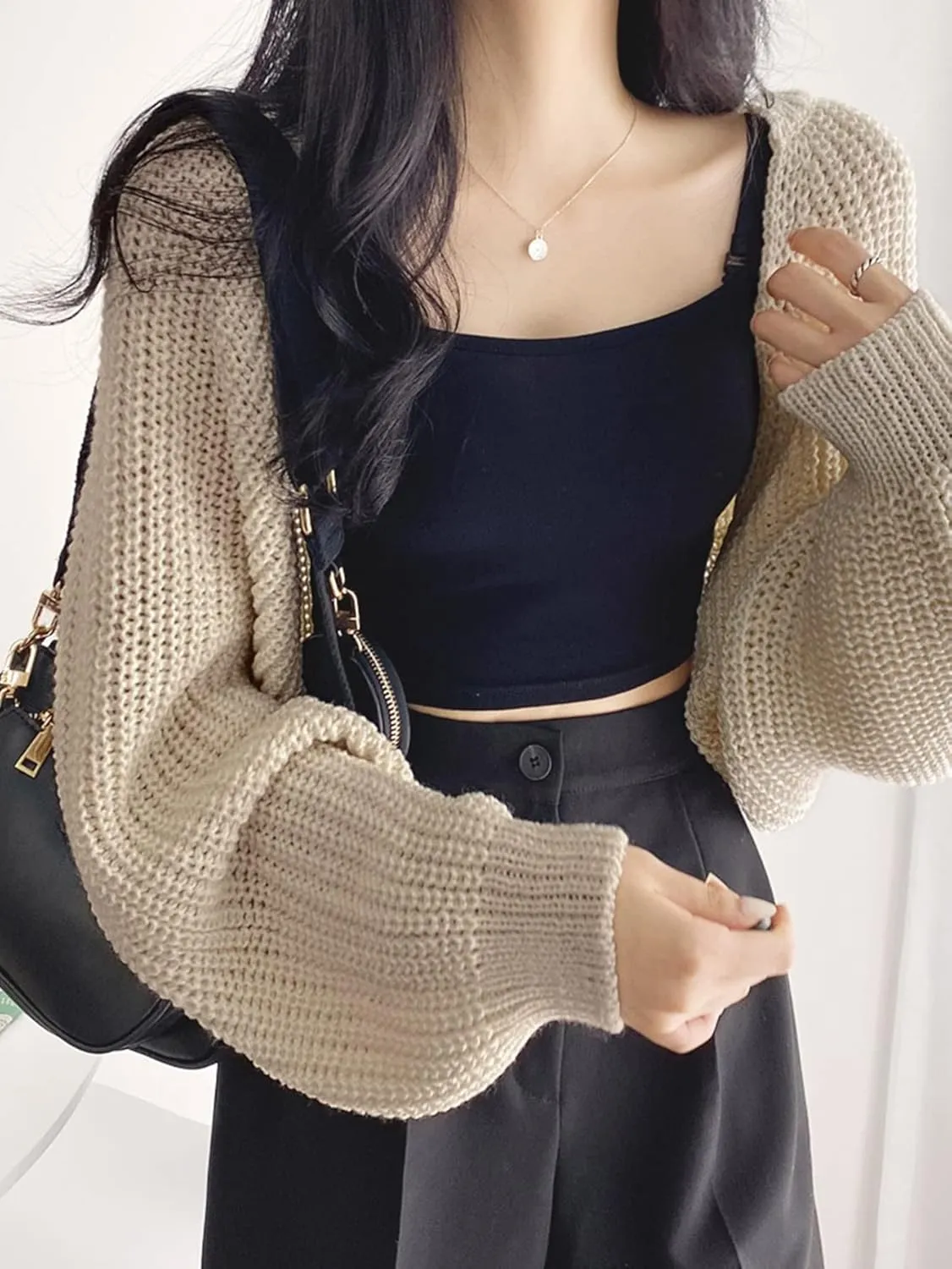SweatyRocks Women's Casual Long Sleeve Ribbed Knit Top Open Front Cropped Cardigan Sweater