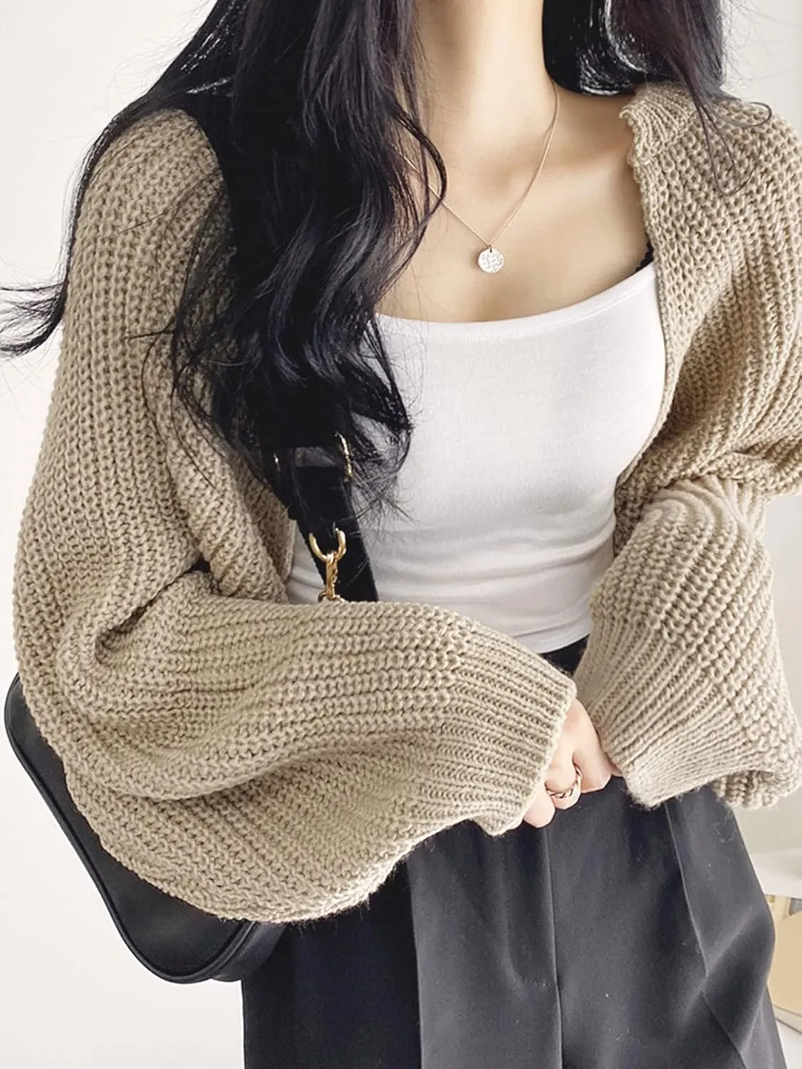 SweatyRocks Women's Casual Long Sleeve Ribbed Knit Top Open Front Cropped Cardigan Sweater