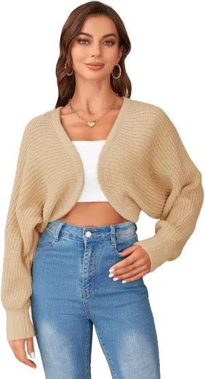 SweatyRocks Women's Casual Long Sleeve Ribbed Knit Top Open Front Cropped Cardigan Sweater