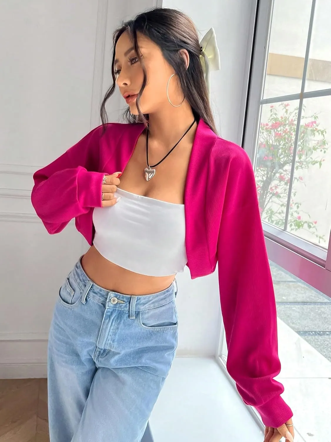 SweatyRocks Women's Casual Long Sleeve Ribbed Knit Top Open Front Cropped Cardigan Sweater
