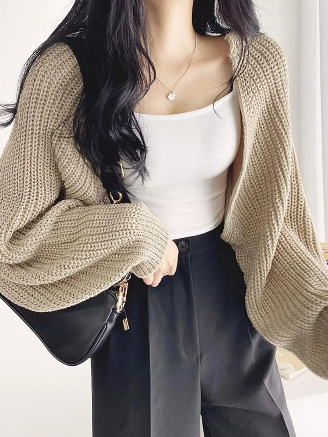 SweatyRocks Women's Casual Long Sleeve Ribbed Knit Top Open Front Cropped Cardigan Sweater