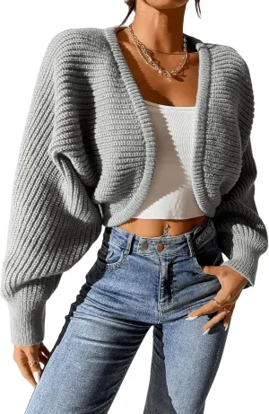 SweatyRocks Women's Casual Long Sleeve Ribbed Knit Top Open Front Cropped Cardigan Sweater