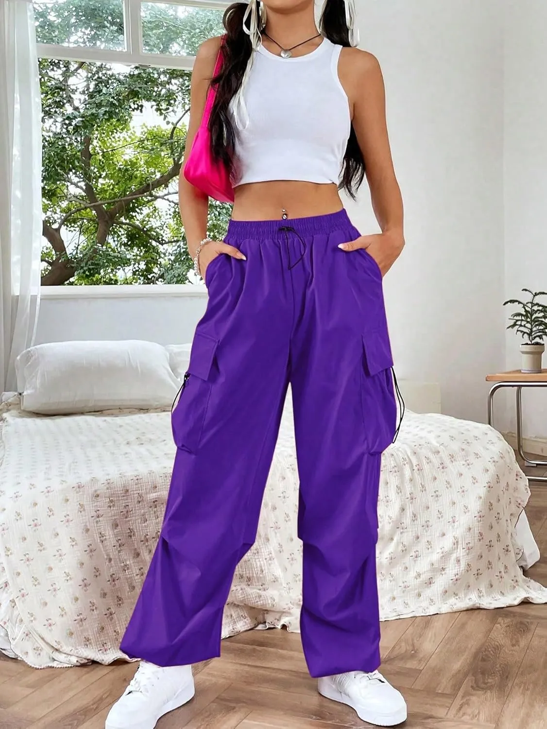 SweatyRocks Women's Drawstring Elastic Waist Loose Pants Casual Flap Pocket Cargo Pants Trousers