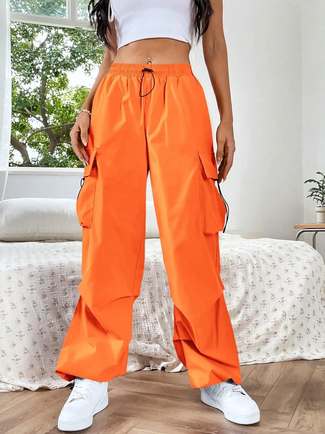 SweatyRocks Women's Drawstring Elastic Waist Loose Pants Casual Flap Pocket Cargo Pants Trousers