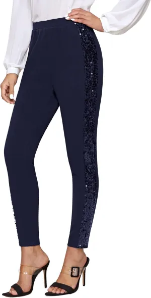 SweatyRocks Women's Elegant High Elastic Waist Sequins Pants Solid Skinny Cropped Pants