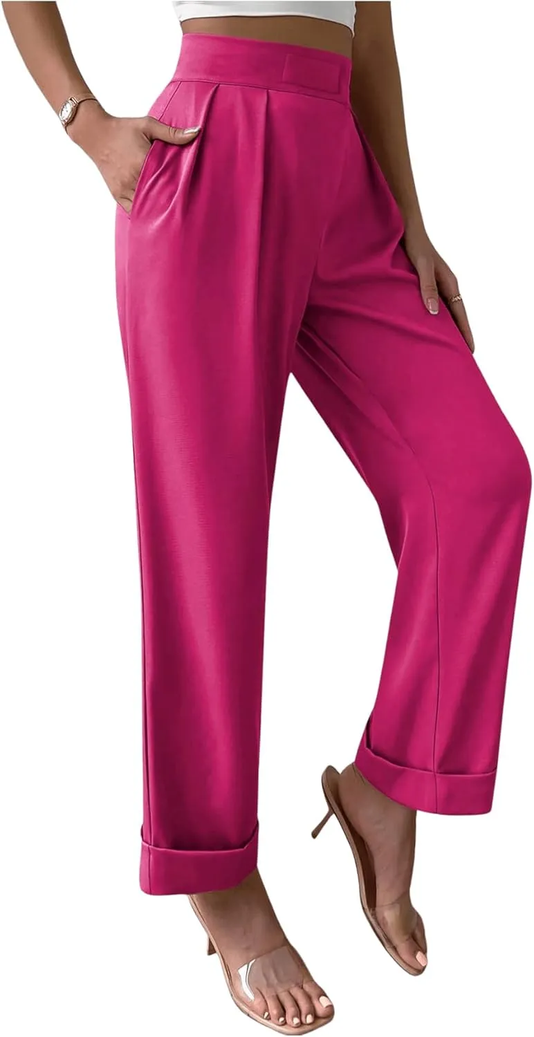 SweatyRocks Women's Elegant High Waist Roll Up Hem Pleated Wide Leg Pants with Pocket