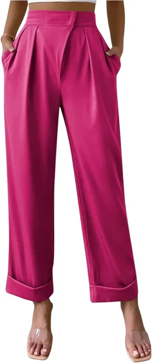 SweatyRocks Women's Elegant High Waist Roll Up Hem Pleated Wide Leg Pants with Pocket