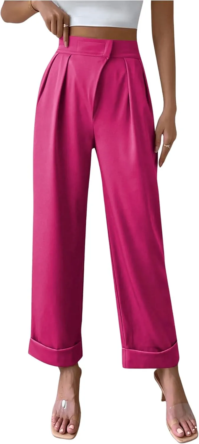 SweatyRocks Women's Elegant High Waist Roll Up Hem Pleated Wide Leg Pants with Pocket