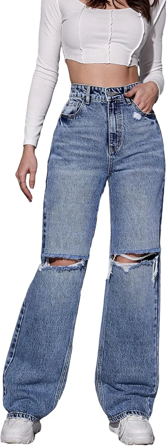SweatyRocks Women's High Waist Ripped Straight Leg Jeans Boyfriend Style Distressed Denim Pants with Pocket