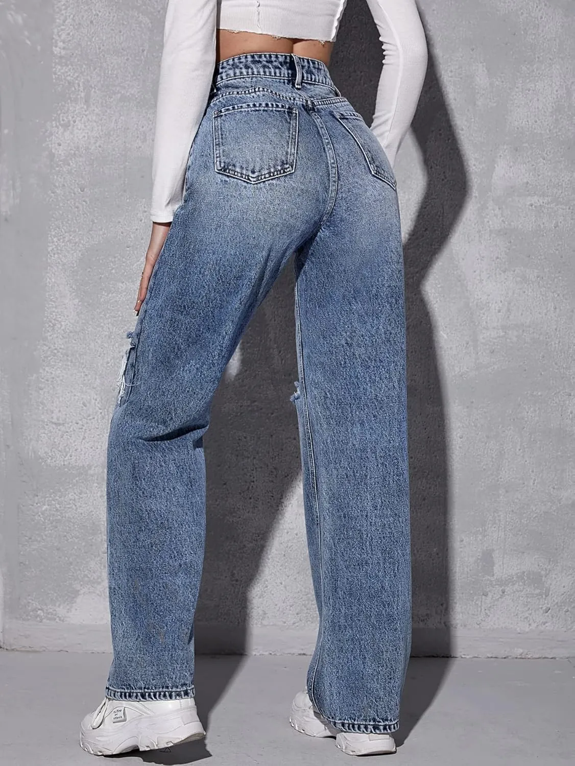 SweatyRocks Women's High Waist Ripped Straight Leg Jeans Boyfriend Style Distressed Denim Pants with Pocket