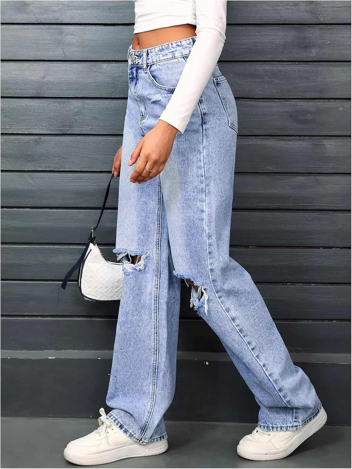 SweatyRocks Women's High Waist Ripped Straight Leg Jeans Boyfriend Style Distressed Denim Pants with Pocket