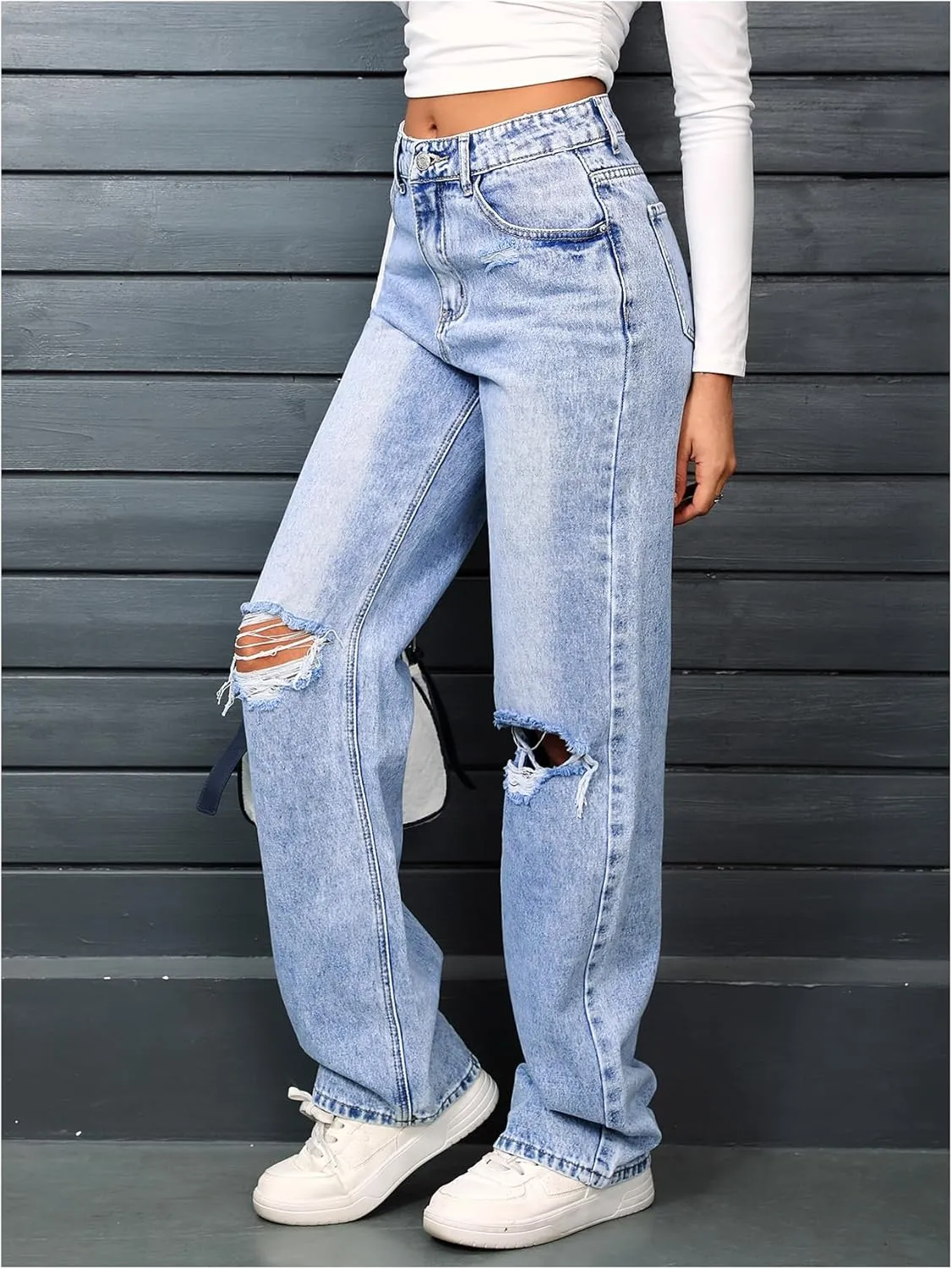 SweatyRocks Women's High Waist Ripped Straight Leg Jeans Boyfriend Style Distressed Denim Pants with Pocket