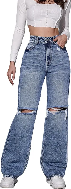 SweatyRocks Women's High Waist Ripped Straight Leg Jeans Boyfriend Style Distressed Denim Pants with Pocket