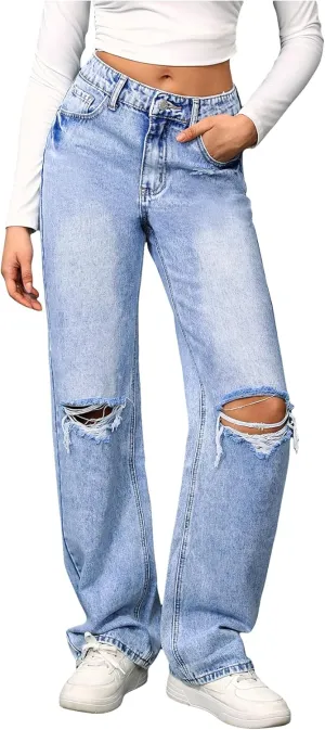 SweatyRocks Women's High Waist Ripped Straight Leg Jeans Boyfriend Style Distressed Denim Pants with Pocket
