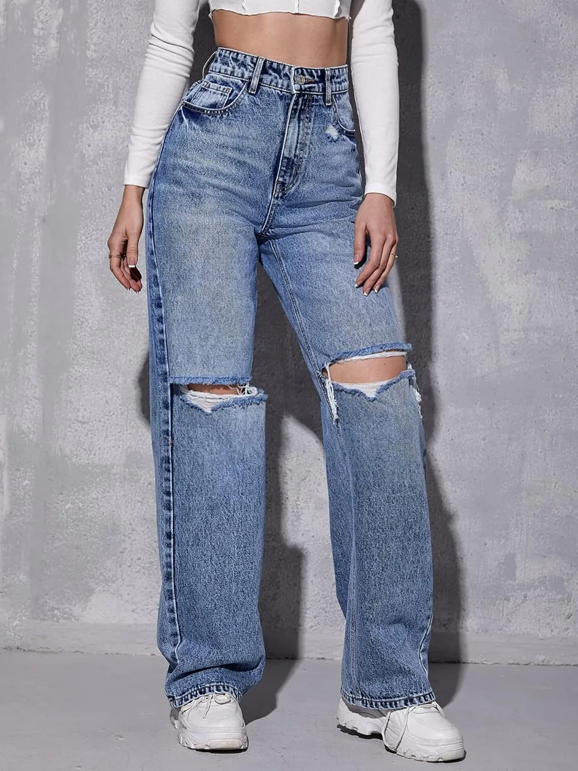 SweatyRocks Women's High Waist Ripped Straight Leg Jeans Boyfriend Style Distressed Denim Pants with Pocket