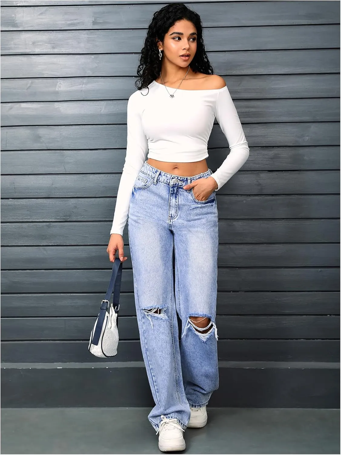 SweatyRocks Women's High Waist Ripped Straight Leg Jeans Boyfriend Style Distressed Denim Pants with Pocket