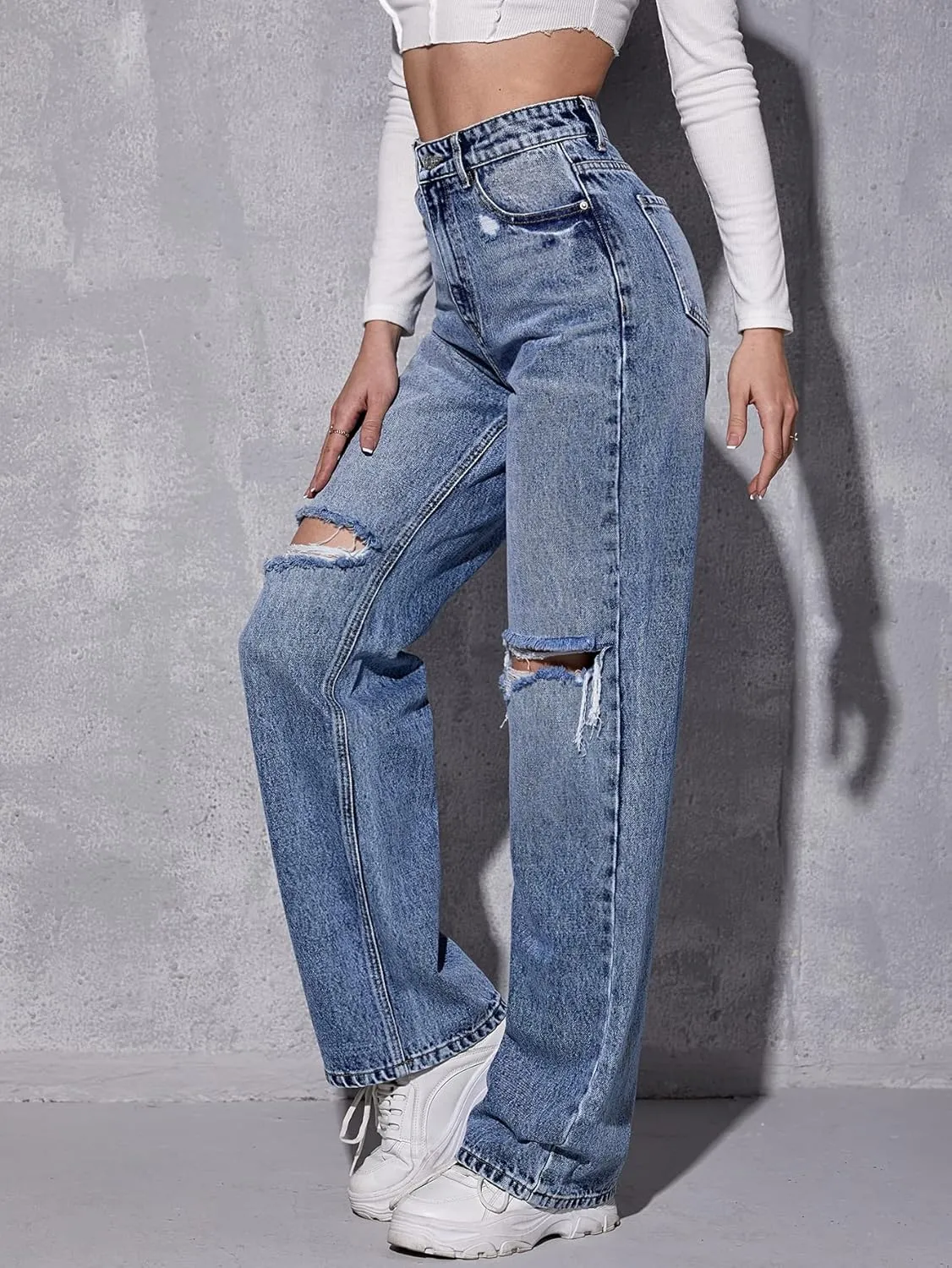 SweatyRocks Women's High Waist Ripped Straight Leg Jeans Boyfriend Style Distressed Denim Pants with Pocket