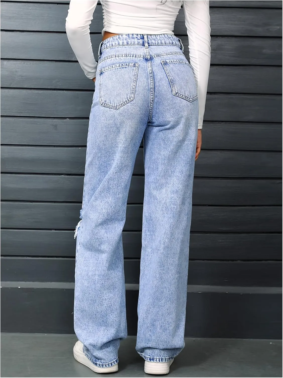 SweatyRocks Women's High Waist Ripped Straight Leg Jeans Boyfriend Style Distressed Denim Pants with Pocket
