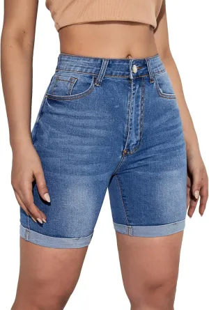SweatyRocks Women's High Waist Roll Up Hem Denim Shorts Slim Fit Bermuda Jeans Shorts with Pockets