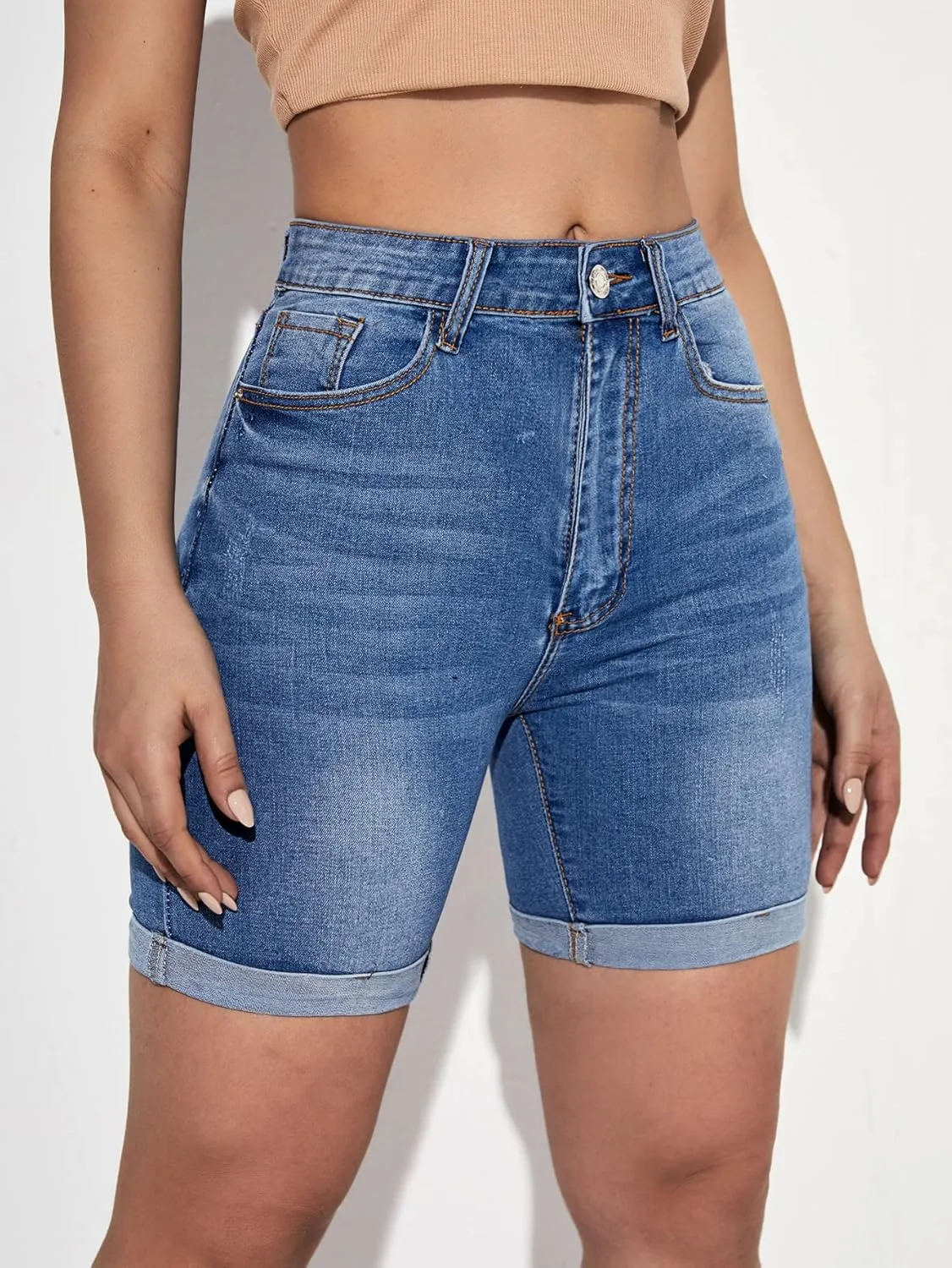 SweatyRocks Women's High Waist Roll Up Hem Denim Shorts Slim Fit Bermuda Jeans Shorts with Pockets