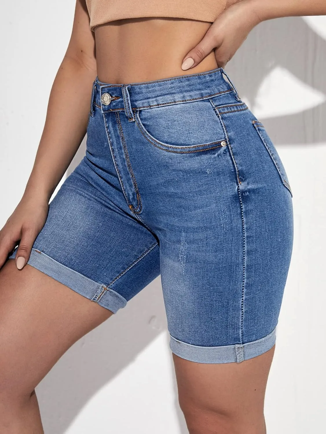 SweatyRocks Women's High Waist Roll Up Hem Denim Shorts Slim Fit Bermuda Jeans Shorts with Pockets