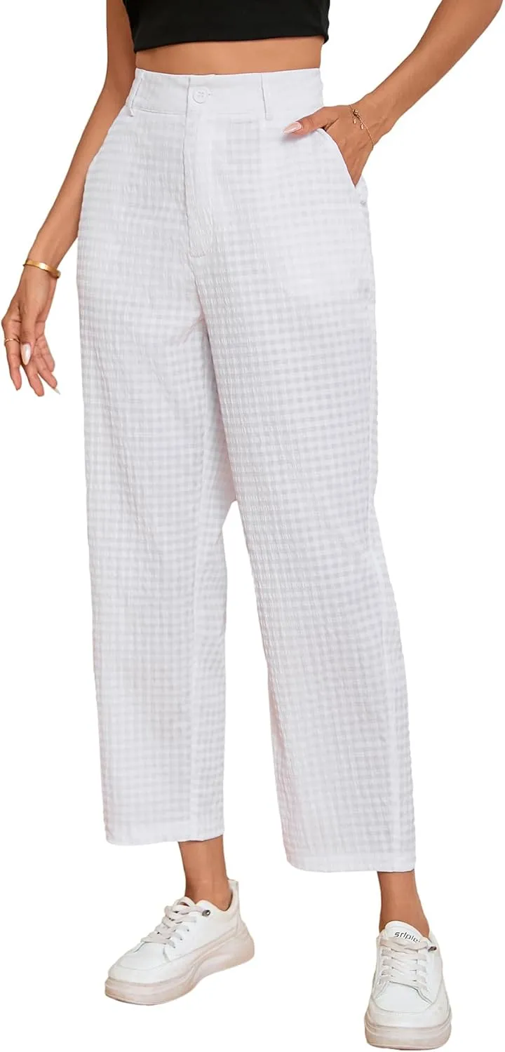 SweatyRocks Women's High Waisted Plaid Straight Leg Cropped Pants Gingham Trousers with Pockets
