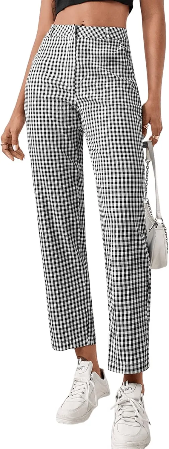 SweatyRocks Women's High Waisted Plaid Straight Leg Cropped Pants Gingham Trousers with Pockets