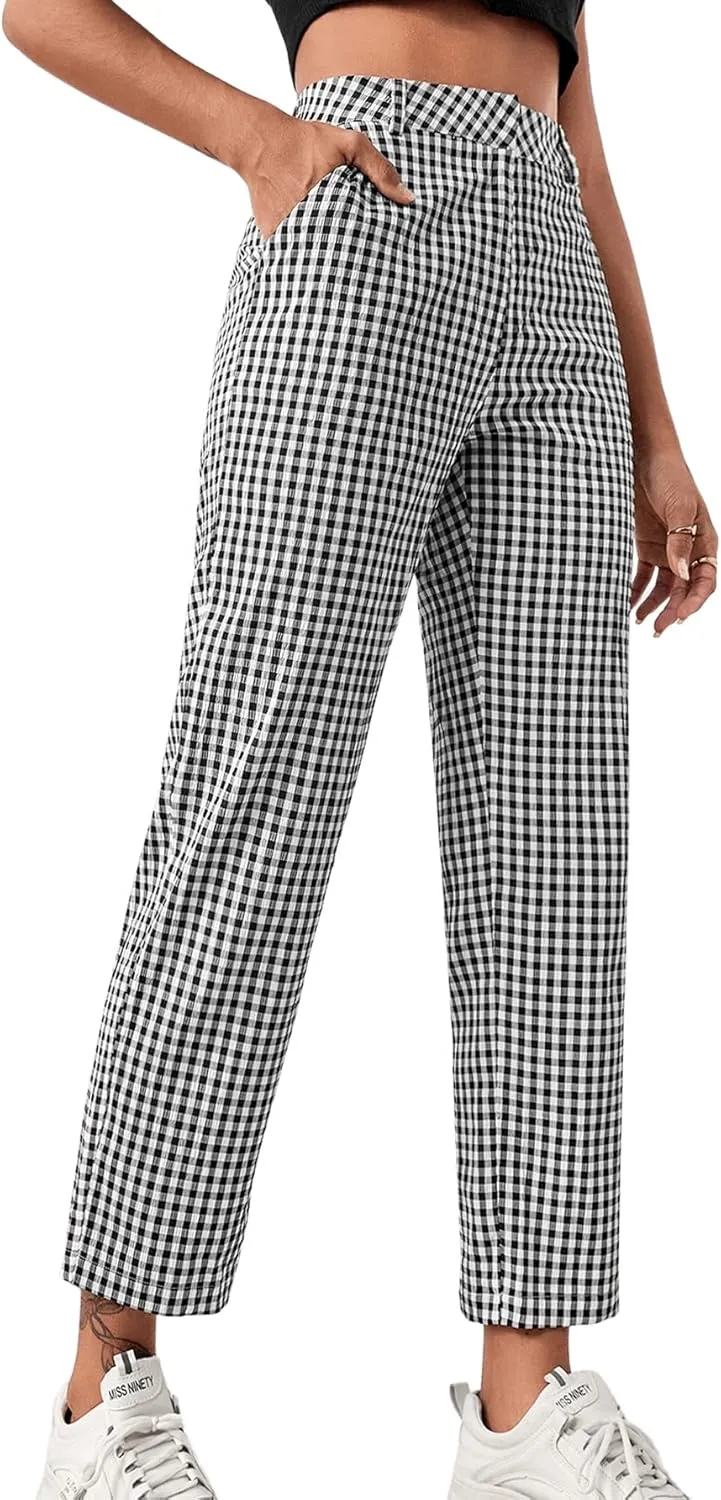 SweatyRocks Women's High Waisted Plaid Straight Leg Cropped Pants Gingham Trousers with Pockets