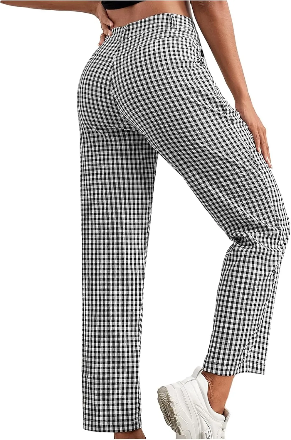 SweatyRocks Women's High Waisted Plaid Straight Leg Cropped Pants Gingham Trousers with Pockets