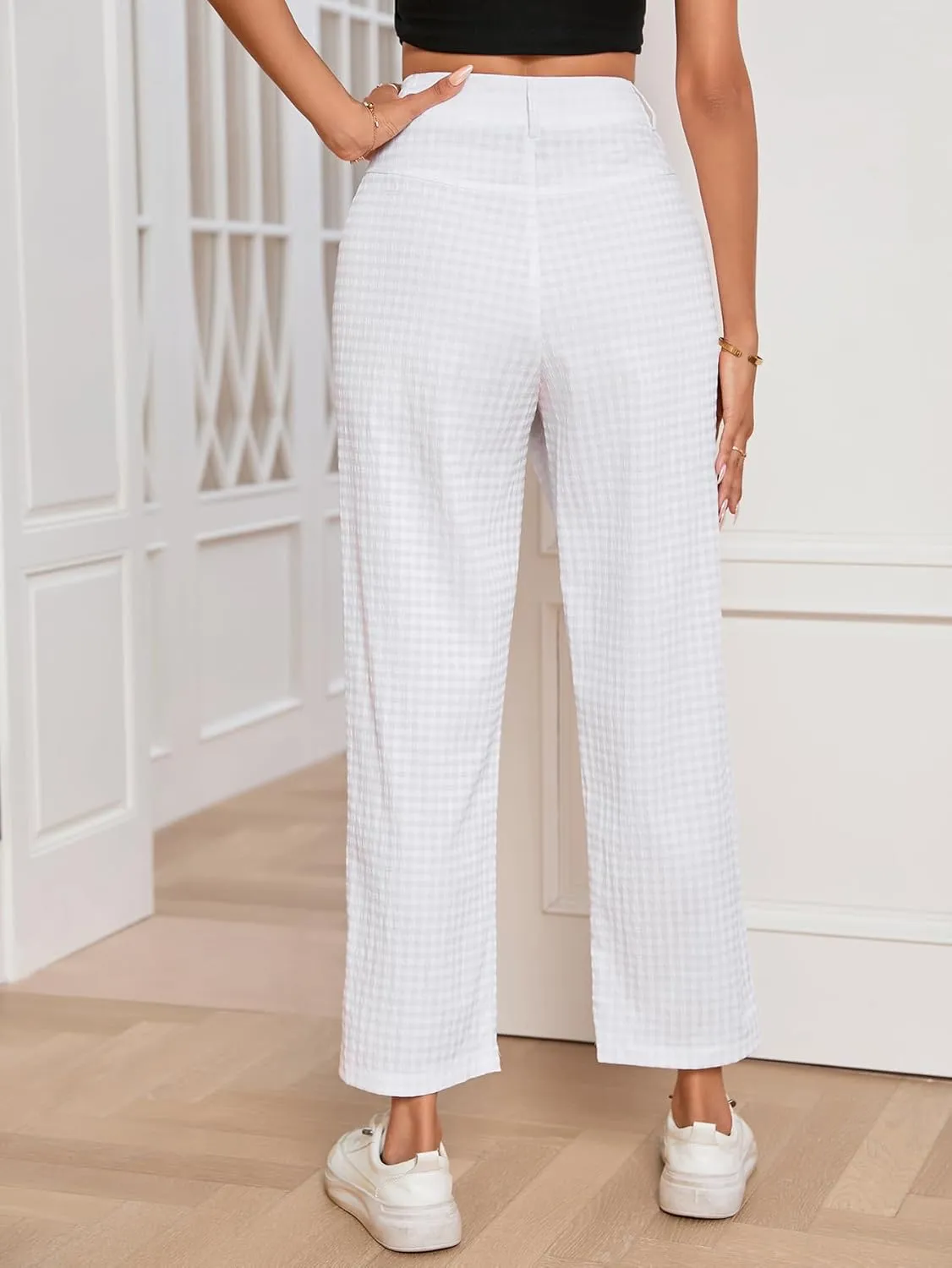 SweatyRocks Women's High Waisted Plaid Straight Leg Cropped Pants Gingham Trousers with Pockets