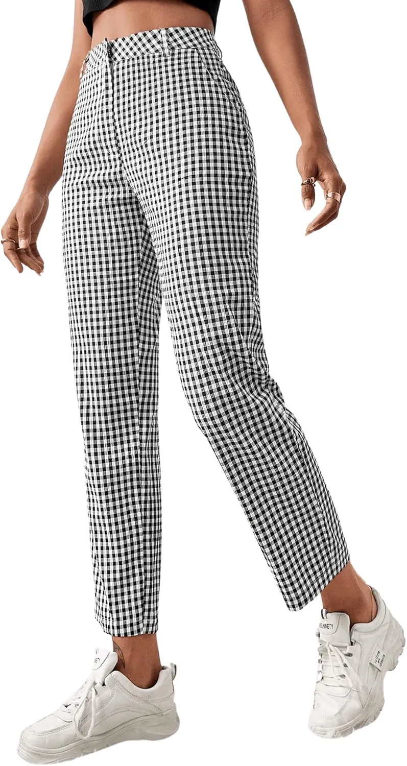 SweatyRocks Women's High Waisted Plaid Straight Leg Cropped Pants Gingham Trousers with Pockets