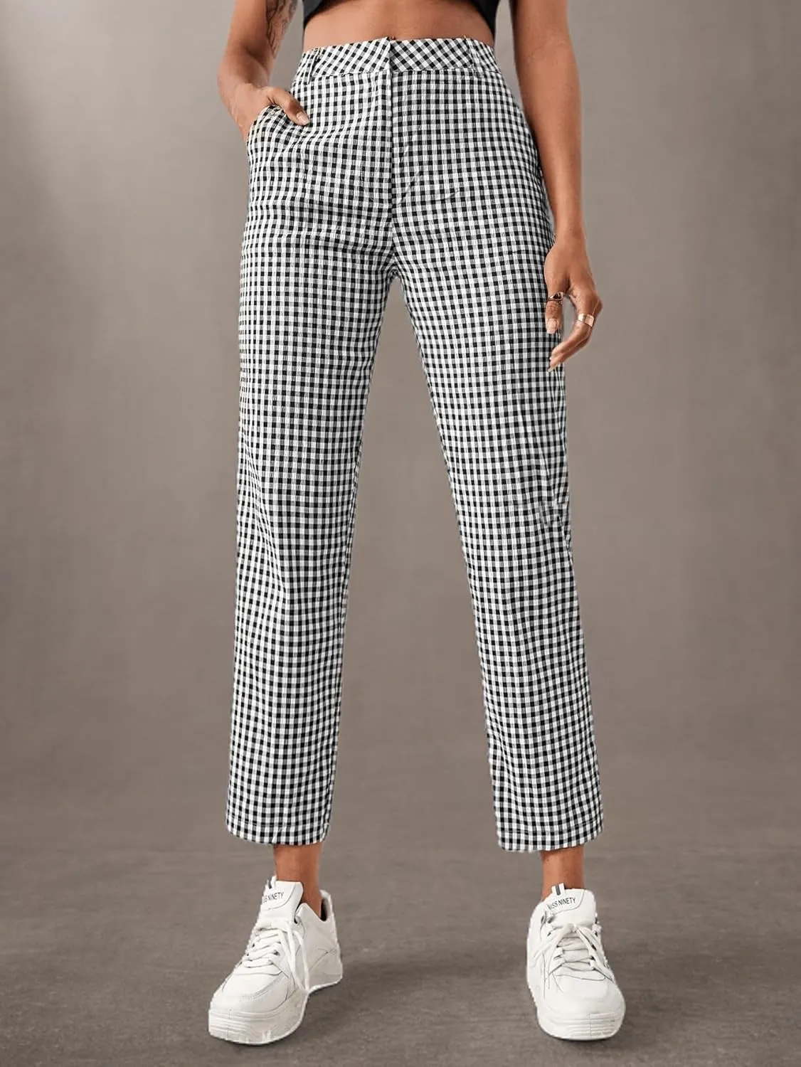 SweatyRocks Women's High Waisted Plaid Straight Leg Cropped Pants Gingham Trousers with Pockets