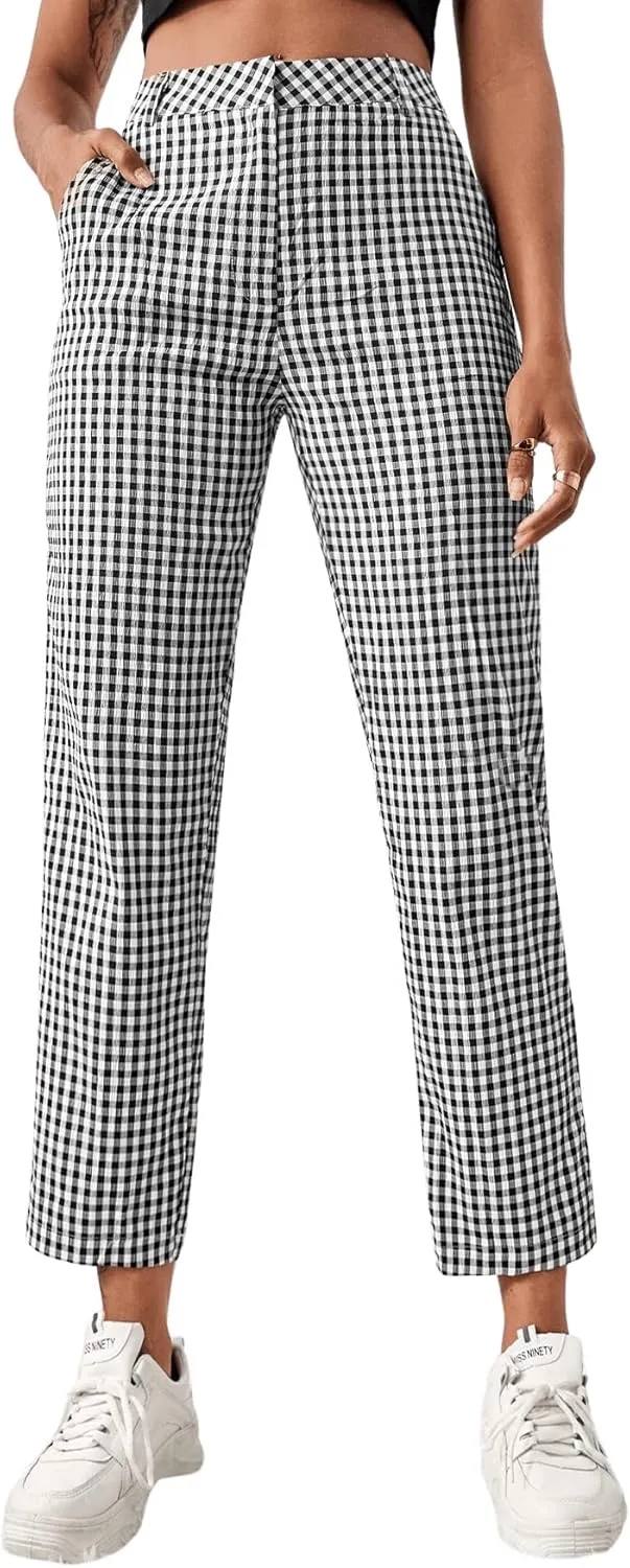 SweatyRocks Women's High Waisted Plaid Straight Leg Cropped Pants Gingham Trousers with Pockets