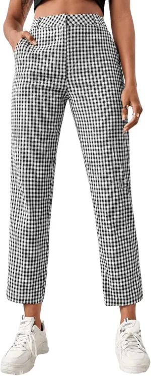 SweatyRocks Women's High Waisted Plaid Straight Leg Cropped Pants Gingham Trousers with Pockets