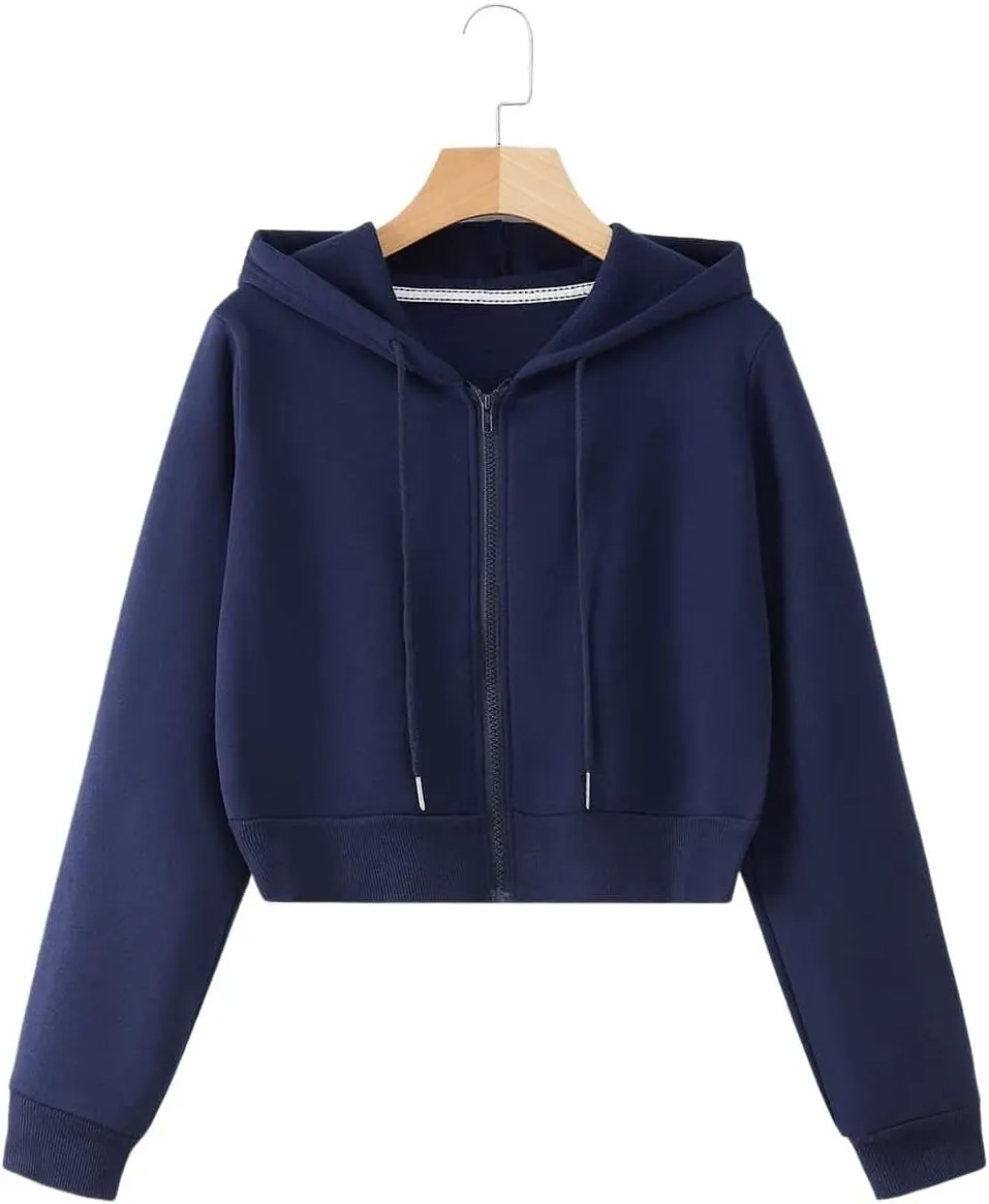 SweatyRocks Women's Long Sleeve Drawstring Full Zip Hooded Jacket Crop Sweatshirt