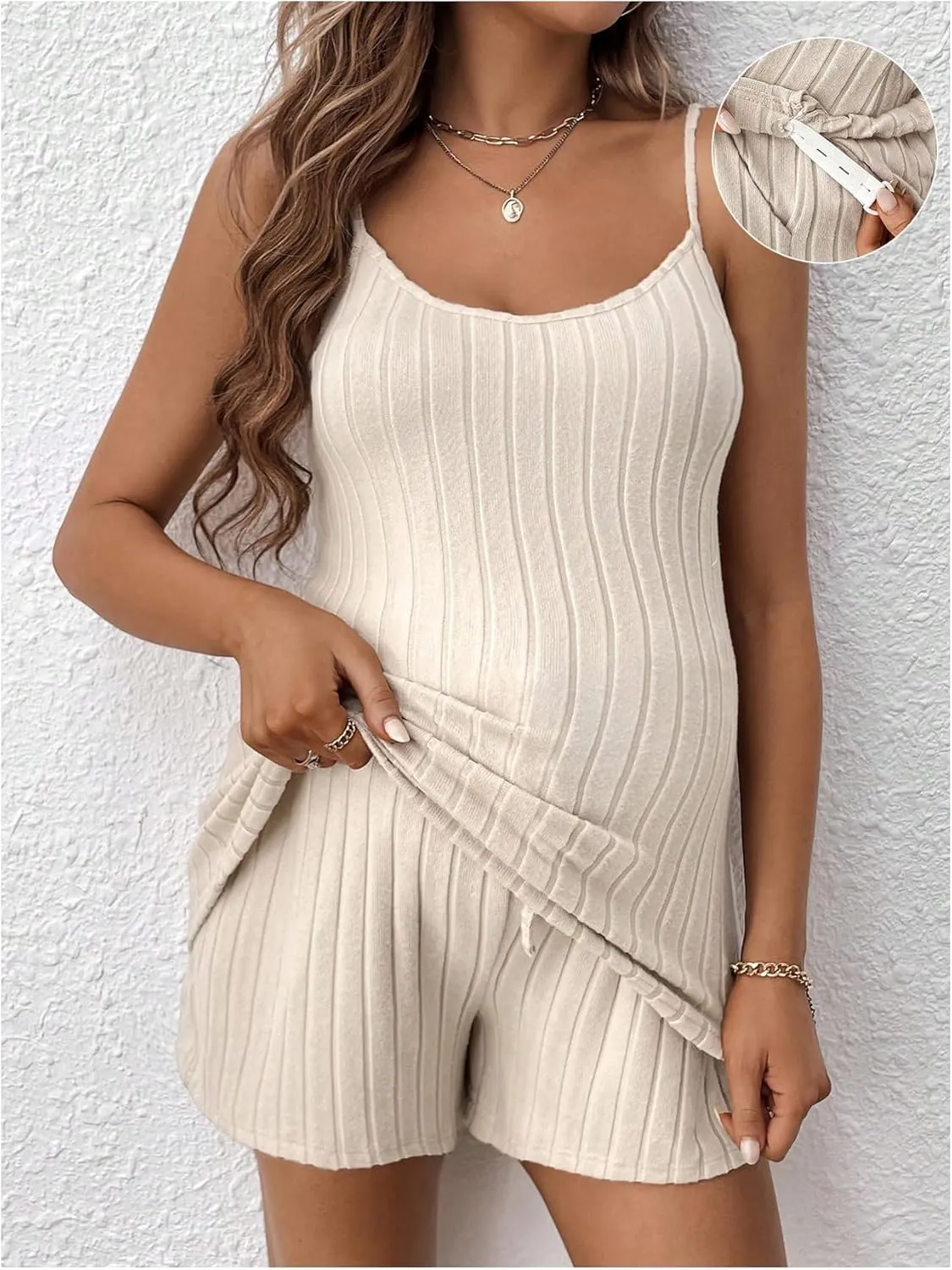 SweatyRocks Women's Maternity 2 Piece Outfits Ribbed Knit Sleeveless Cami Top and Drawstring Waist Shorts Set