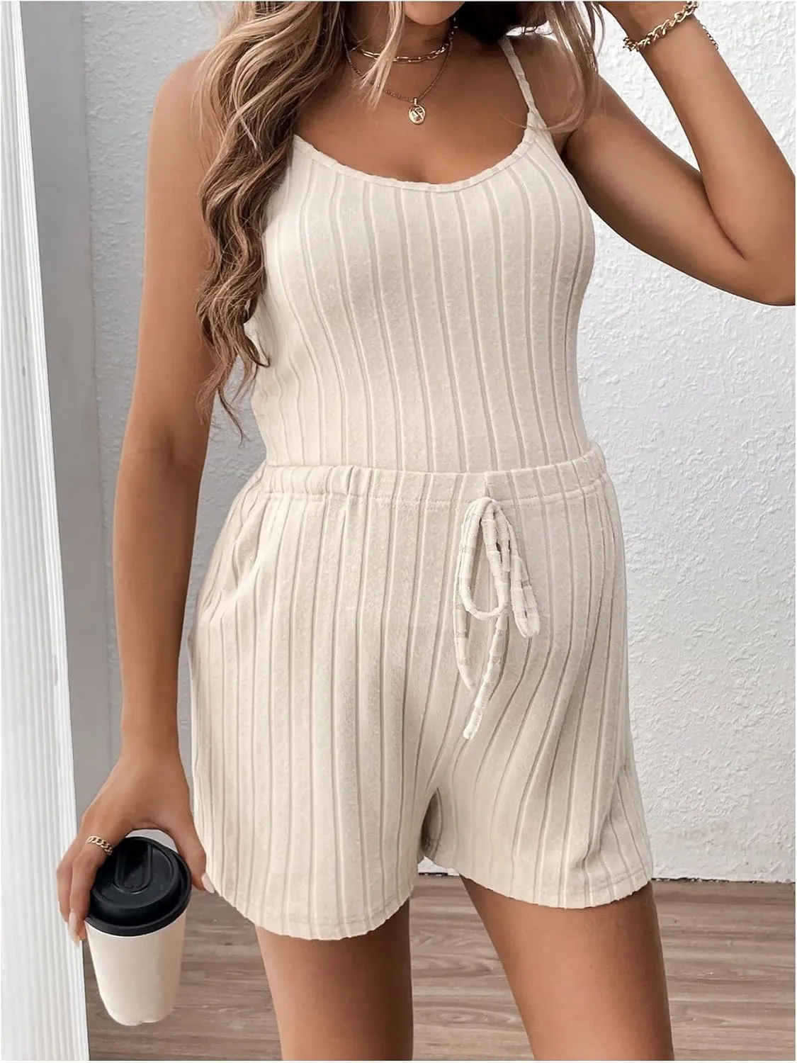 SweatyRocks Women's Maternity 2 Piece Outfits Ribbed Knit Sleeveless Cami Top and Drawstring Waist Shorts Set
