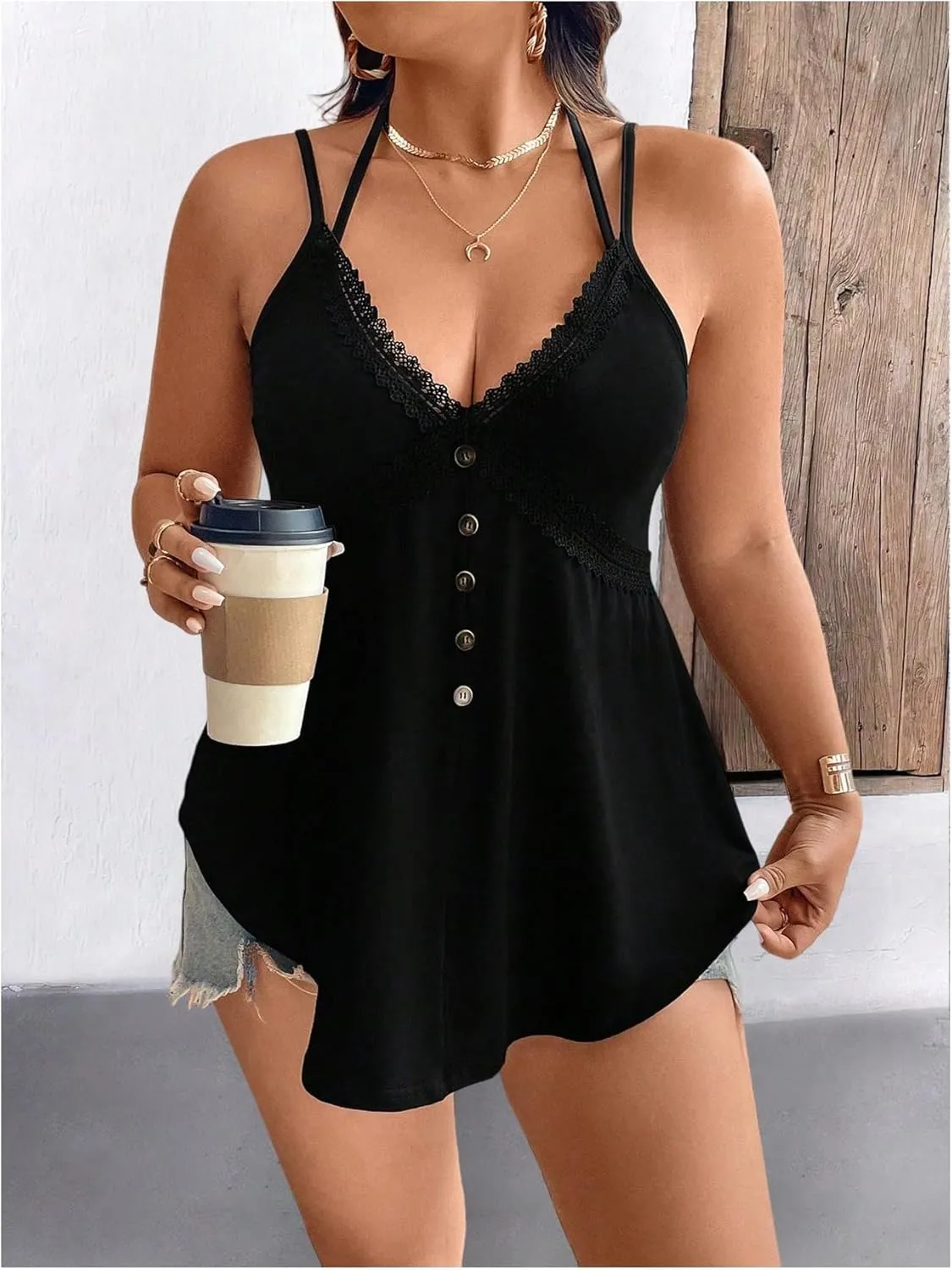 SweatyRocks Women's Plus Size Button Front Spaghetti Strap Cami Top Sleeveless Lace V Neck Strappy Camisoles