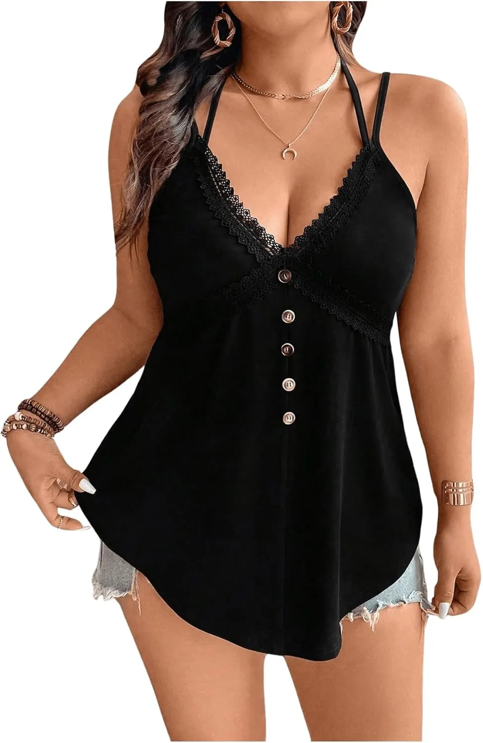SweatyRocks Women's Plus Size Button Front Spaghetti Strap Cami Top Sleeveless Lace V Neck Strappy Camisoles