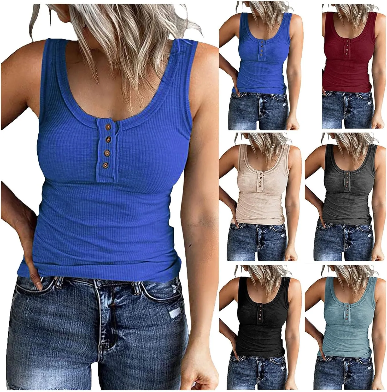Tank Tops for Women 2025 Summer Casual Ribbed Sleeveless Basic Cami Top Slim Henley Button Down Blouses Beach