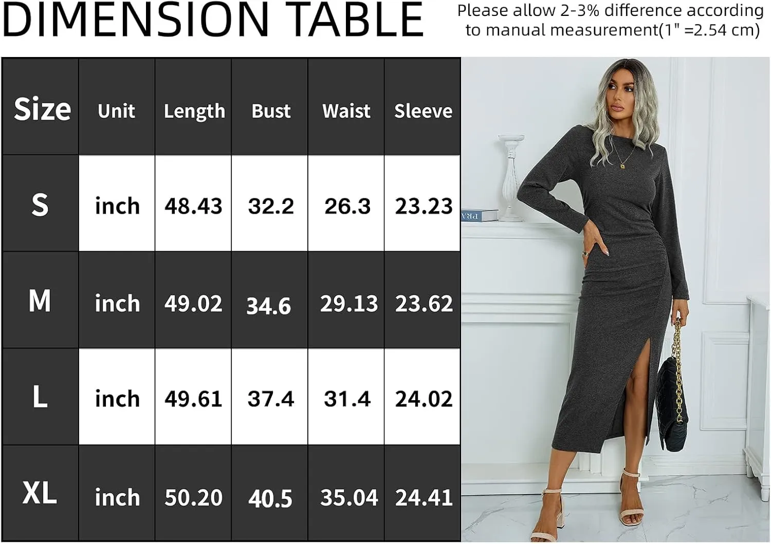 TEMOFON Women's Long Sleeve Dresses: Casual Bodycon Dress Crew Neck Ruched Midi Dress with Slit S-XL