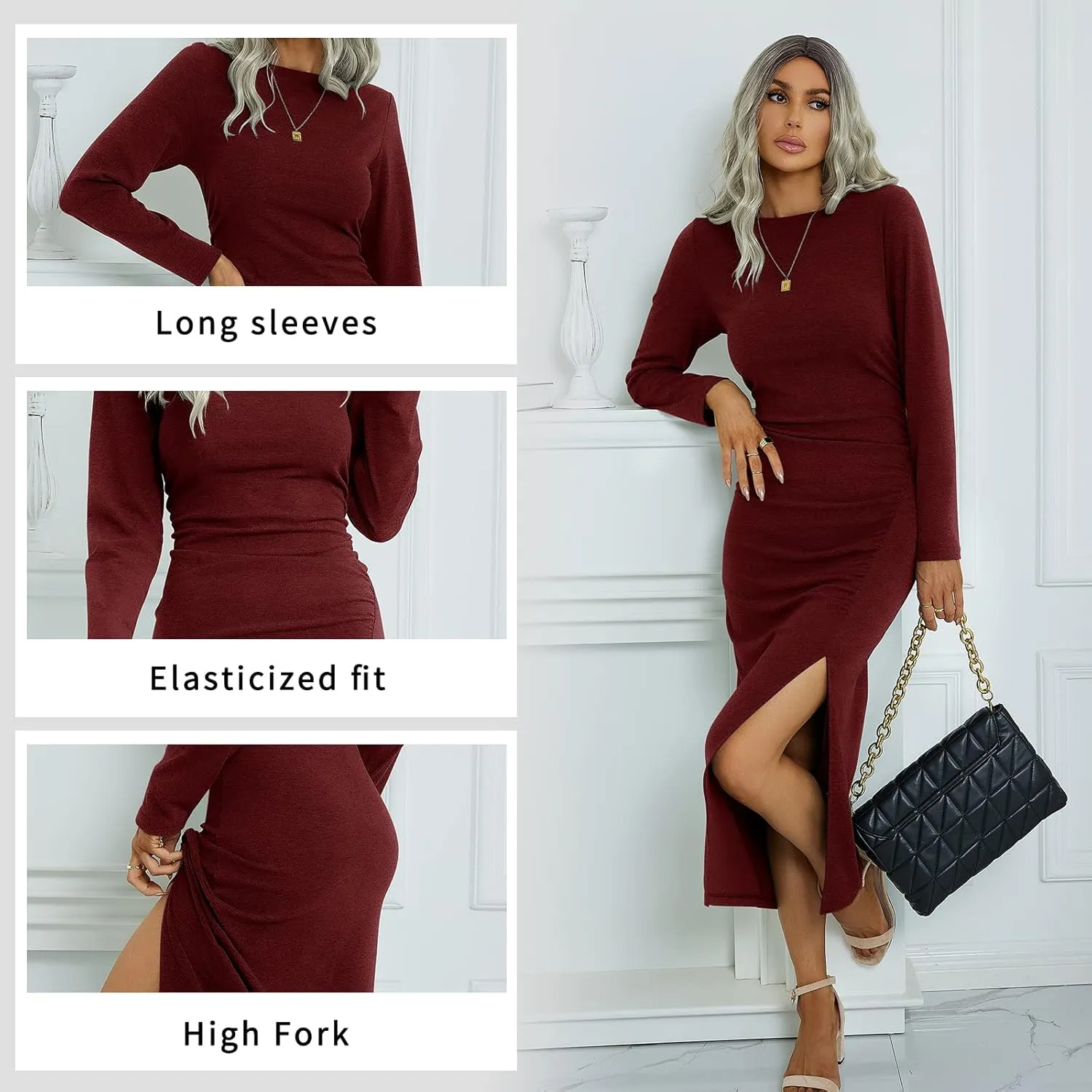 TEMOFON Women's Long Sleeve Dresses: Casual Bodycon Dress Crew Neck Ruched Midi Dress with Slit S-XL