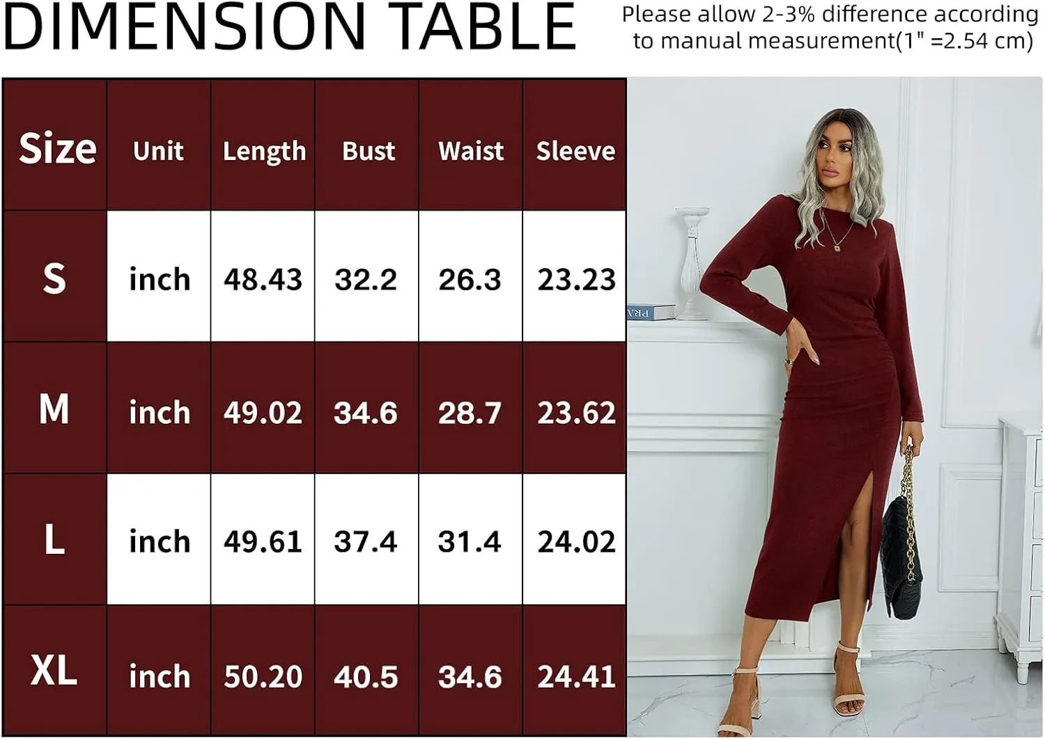 TEMOFON Women's Long Sleeve Dresses: Casual Bodycon Dress Crew Neck Ruched Midi Dress with Slit S-XL