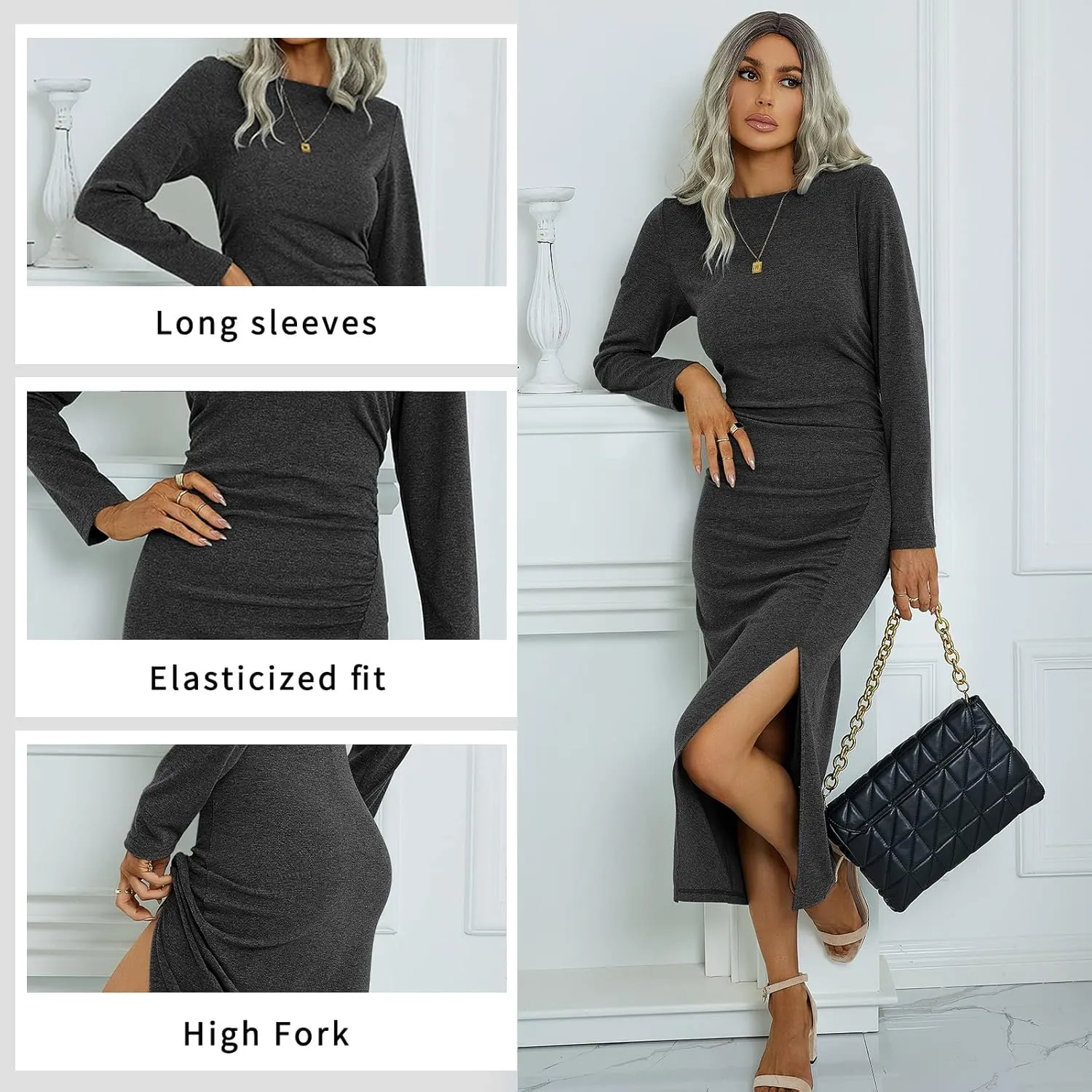 TEMOFON Women's Long Sleeve Dresses: Casual Bodycon Dress Crew Neck Ruched Midi Dress with Slit S-XL