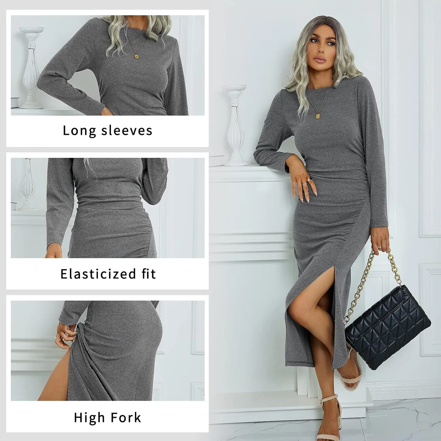 TEMOFON Women's Long Sleeve Dresses: Casual Bodycon Dress Crew Neck Ruched Midi Dress with Slit S-XL