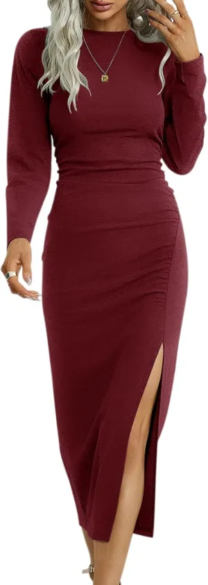 TEMOFON Women's Long Sleeve Dresses: Casual Bodycon Dress Crew Neck Ruched Midi Dress with Slit S-XL