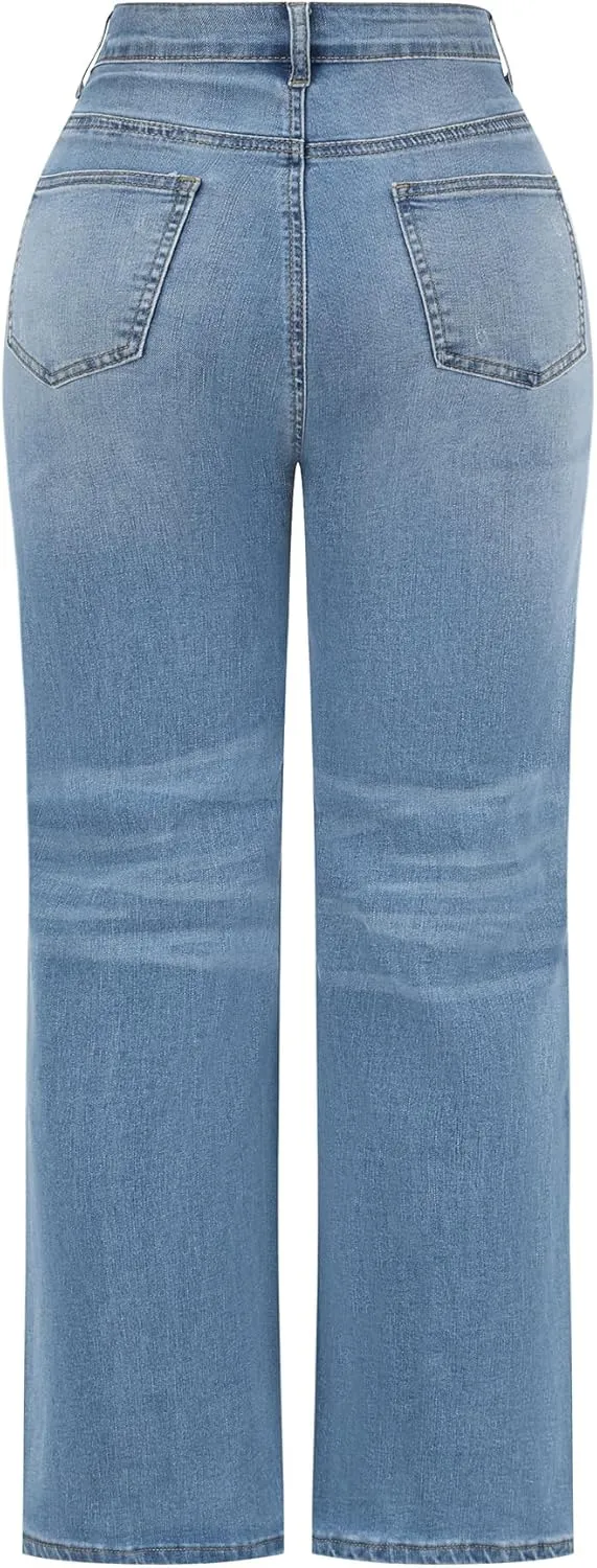 THUNDER STAR Womens High Waisted Wide Leg Jeans Stretchy Distressed Denim Pants