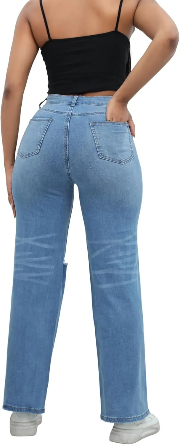 THUNDER STAR Womens High Waisted Wide Leg Jeans Stretchy Distressed Denim Pants